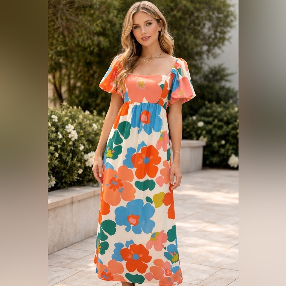 GeeGee Retro Style Floral Puff Sleeves Smocked Back Maxi Dress- size S